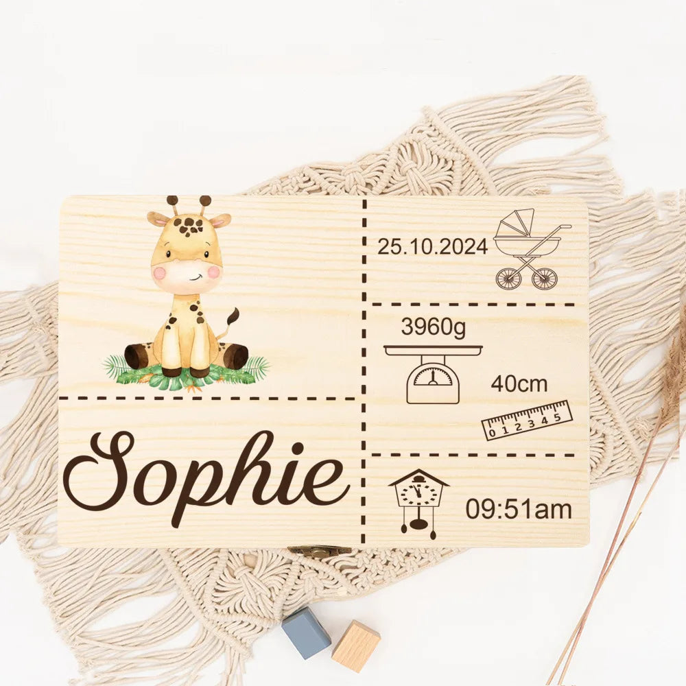 Personalised Safari Animal Baby Memory Box Custom Wooden Boxes Newborn Shower Gift Baby Birth Stats Keepsake Box Umbilical Boxes