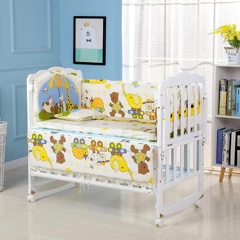 6pcs Cushion Cot Bumpers Baby Bed Bedding Kit Crib Bedding Cotton Removable Washable Include(4Bumpers+Matress+Pillow)