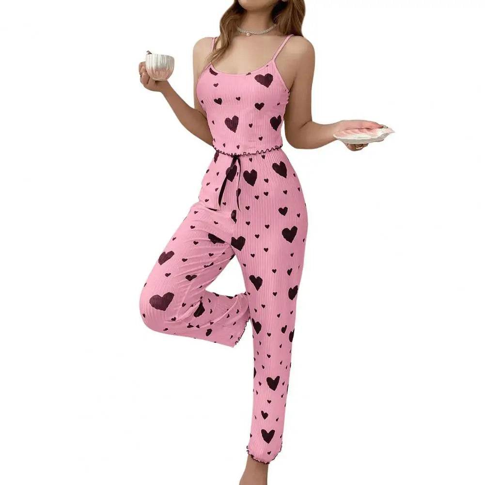 2 Pcs/Set Women Vest Pants Suit Bow Heart Print Sleeveless Shirring Edge Top High Waist Trousers Summer Cotton-blend Pajama Set - AIAZ