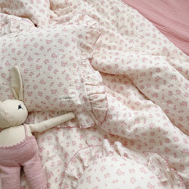 Korean Vintage Floral Printed Ruffled Cotton Baby Duvet Cover Kids Children Infant Cot Crib Duvet Covers Quilt Cover Bedding