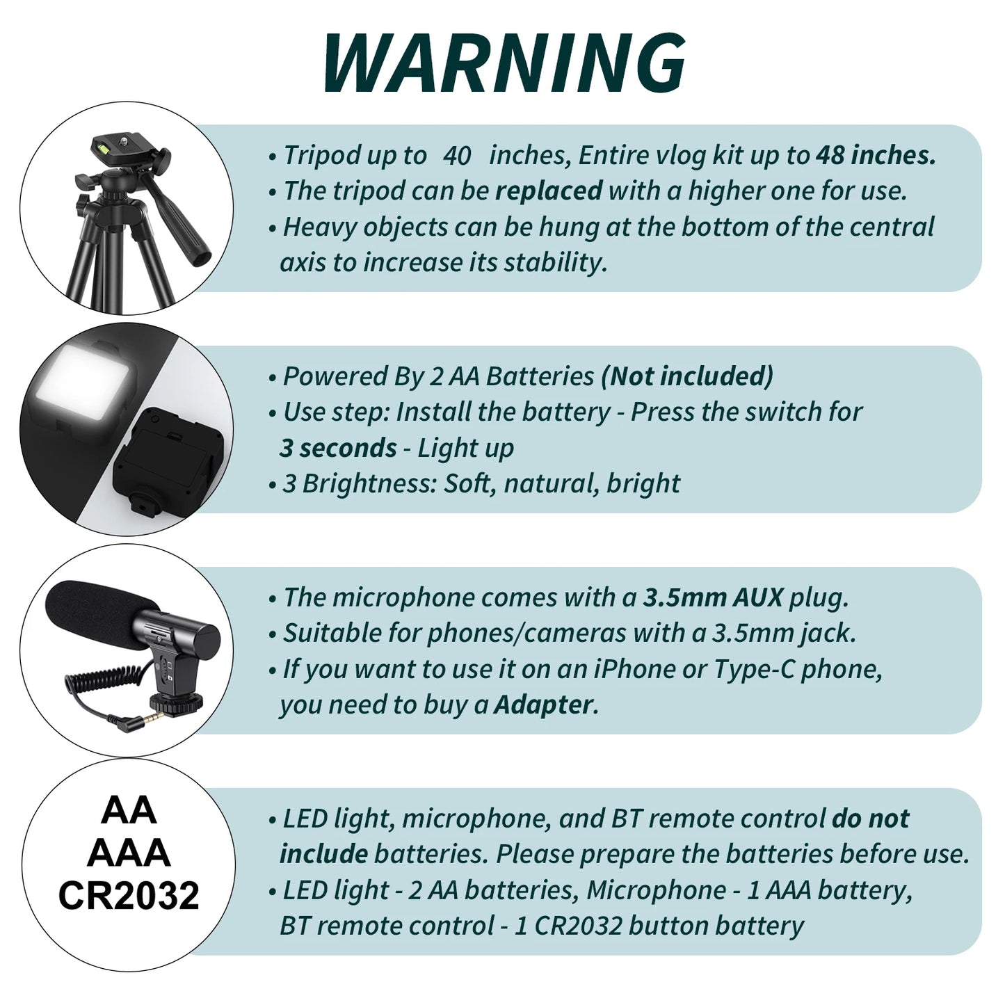 MAMEN Portable Vlogging Kit 48IN Phone Camera Tripod with Microphone LED Light for Photo Vlog Selfie Interview Live Streaming