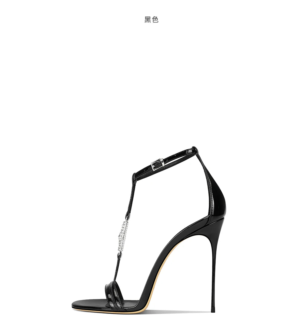 Thin high-heeled sandals summer new rhinestone T-band patent leather shoes banquet large size small size low-heeled women's shoe