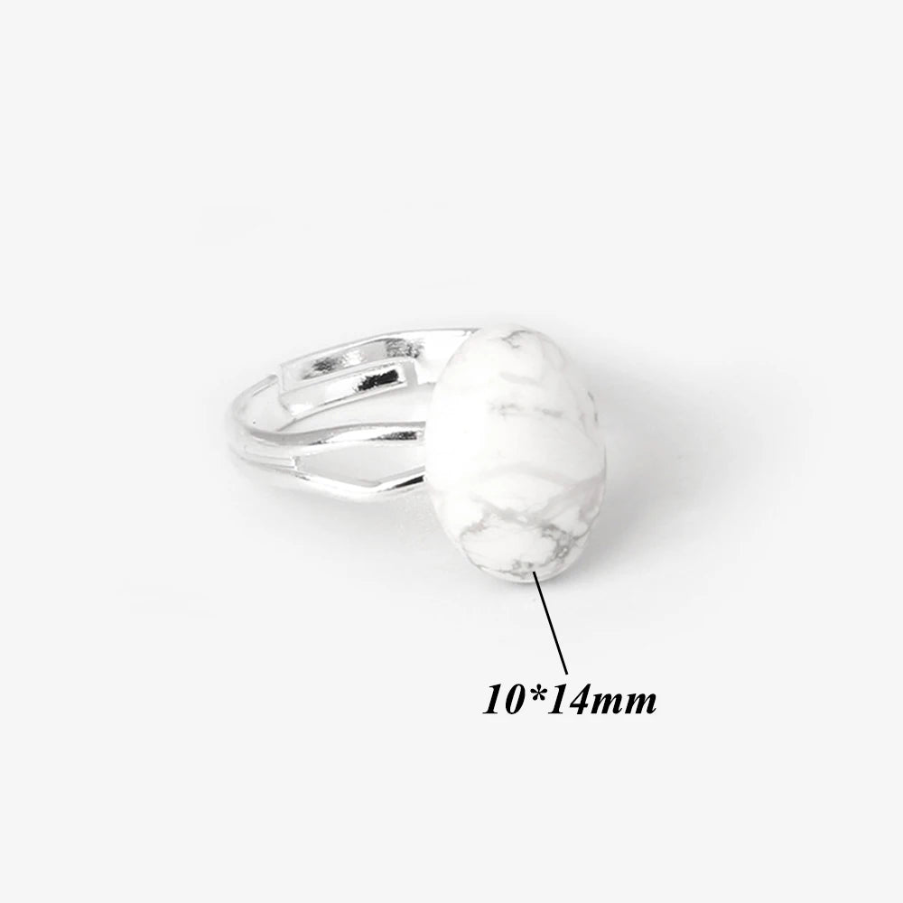 Cabochon Natural Stone Ring 10*14MM Oval Agates Turquois Quartzs Gem Finger Ring Silver Color Adjustable Open Rings Jewelry Gift