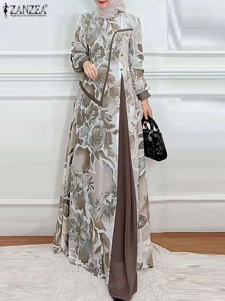 ZANZEA Muslim Fashion Floral Print Maxi Dress Women Elegant Fake Two-Piece Patchwork Abaya Vestidos Islamic Long Sleeve Robes - AIAZ