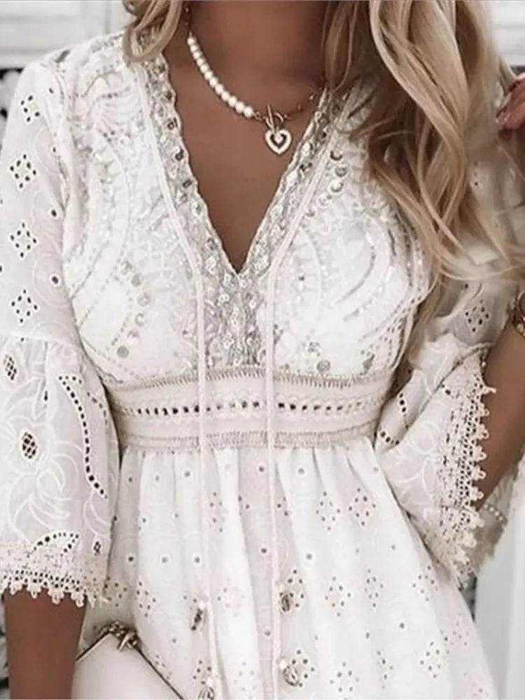 Elegant Women White Hollow Lace Mini Dress Summer V-neck Patchwork Lace Up Three Quarter Sleeve Ladies Vacation Beach Dresses - AIAZ