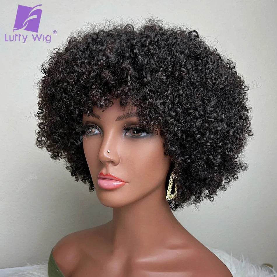 Short Pixie Cut Human Hair Wig With Bangs Brazilian Remy Afro Kinky Curly Bob Wig 180 Density Glueless For Black Women LuffY - AIAZ