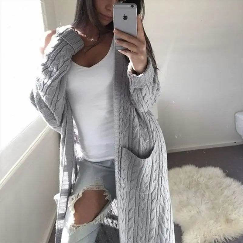 Women Knitted Cardigan Sweater Top Autumn Winter Vintage Fashion Loose Warm Long Sleeve Pocket Twisted Long Knitwear Outwear - AIAZ
