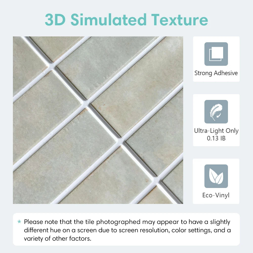 10pcs 3D Tile Stickers, Self-adhesive Green Tiles, Bathroom Wall Tile Stickers, Water and Mold Resistant, 30x30cm