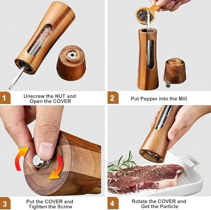 Wood Pepper Grinder Shaker Adjustable Ceramic Core Grinding Bottle with Base Wood Salt Pepper Mills for Kitchen Cooking BBQ