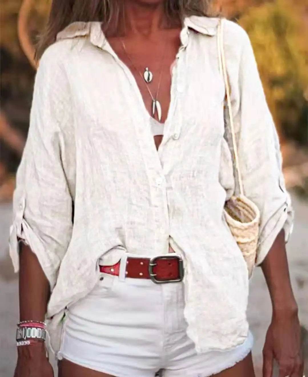 Women Cotton Linen Blouse Shirt Summer Female Turn Down Collar Three Quarter Loose Blouse Tops Woman shirts & blouses - AIAZ