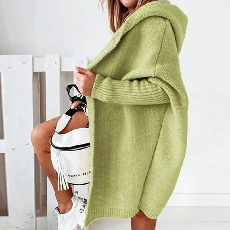 Women's Long Hooded Knitted Cardigan Sweater Warm Winter Overcoat Loose Fit Ladies Jumper Coat Knitwear Comfortable Knit - AIAZ