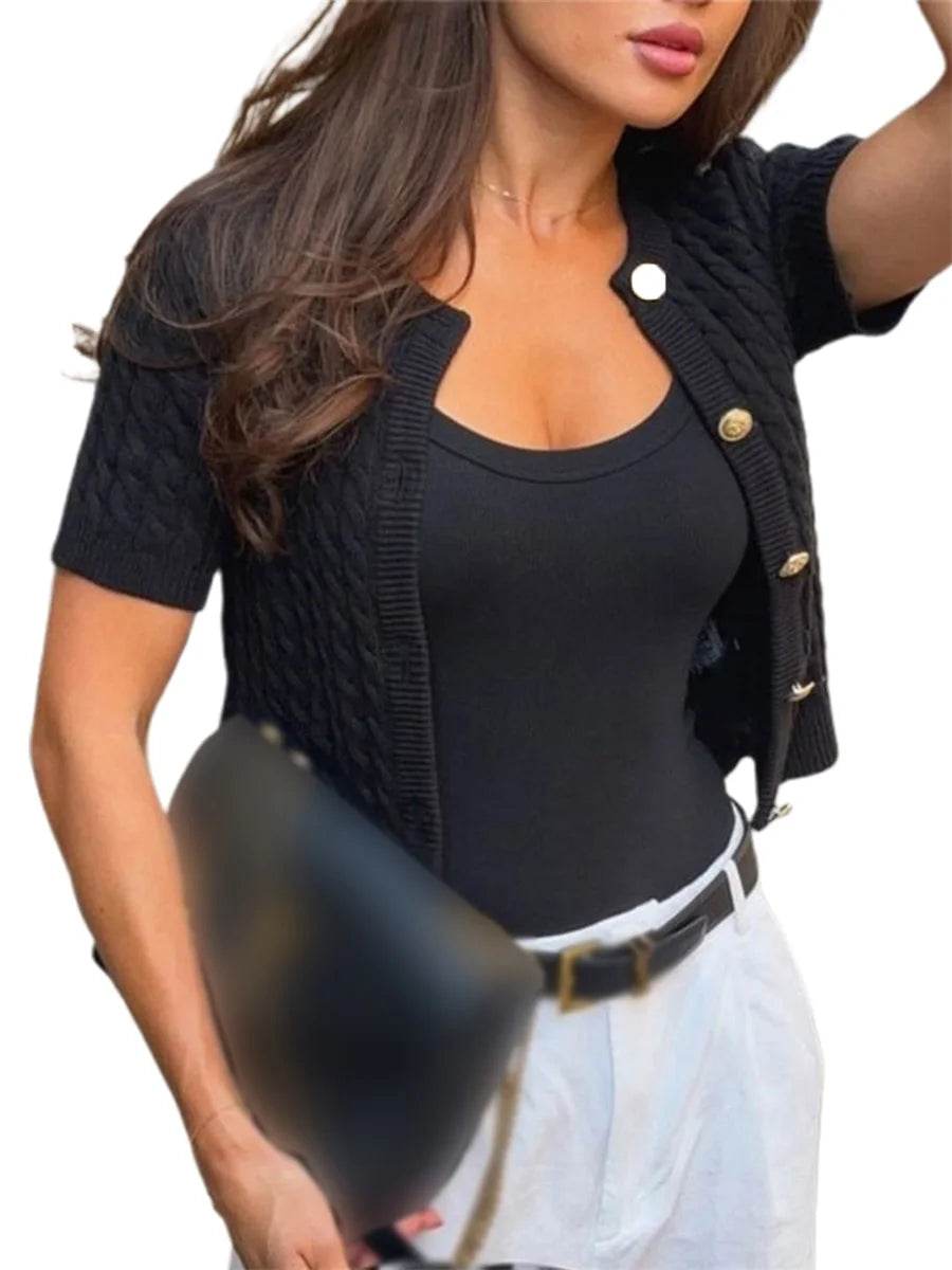 Women's Cable Knit Cardigan Solid Color Round Neck Short Sleeve Button-front Closure Crop Sweaters - AIAZ