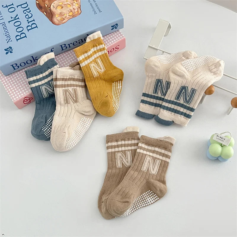 3Pairs/Lot Baby Letter Non-slip Socks Soft Cotton Short Kids Sock Infant Toddler Boys Girls Cute Stripe Socken For 0-5Years