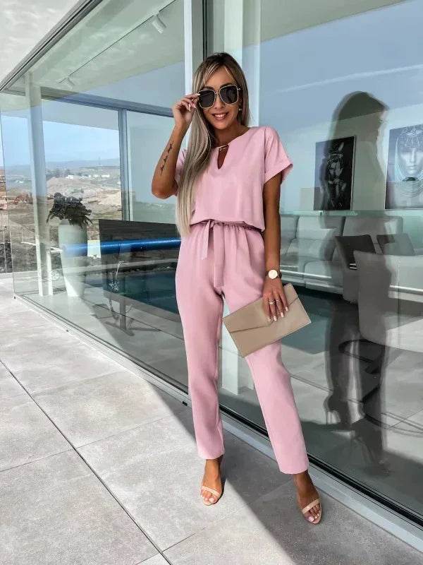 Jumpsuit Women 2023 Solid Color Short Sleeve V-neck Pocket Lace-up Pencil Long Pants Jumpsuits Summer Outfits Bodysuits - AIAZ