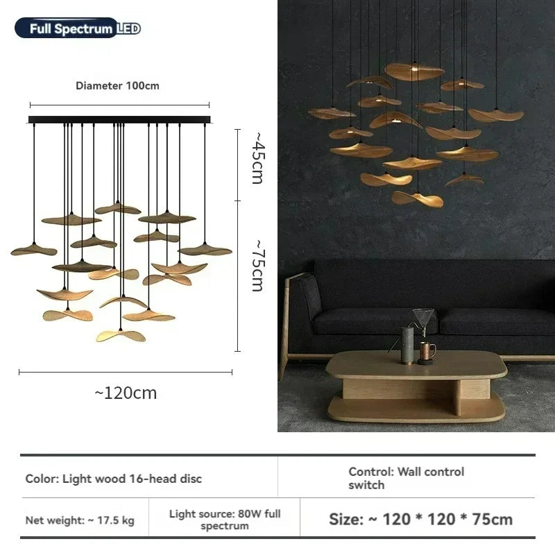 Japanese Lotus Leaf Chandelier Wabi Sabi Solid Wood Lamp Living Dining Room Zen Tearoom Villa Duplex Kitchen Island Linear Light
