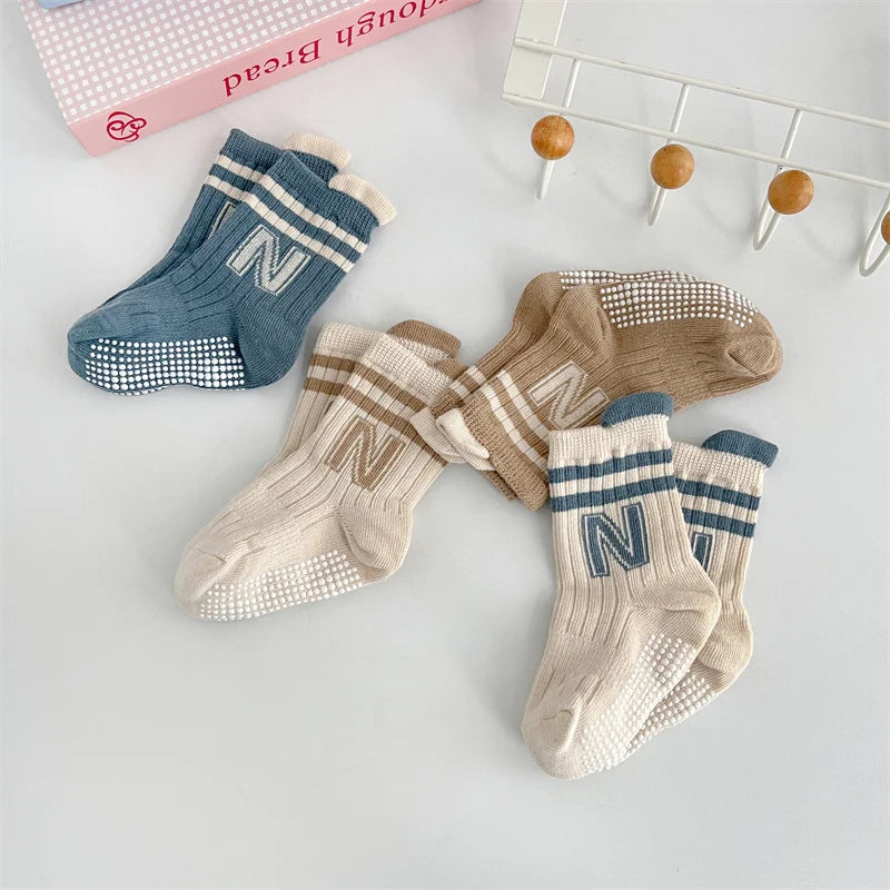 3Pairs/Lot Baby Letter Non-slip Socks Soft Cotton Short Kids Sock Infant Toddler Boys Girls Cute Stripe Socken For 0-5Years