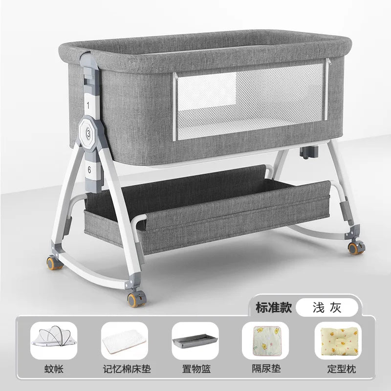 Crib Movable Multi-Function Folding Height Adjustment Splicing Queen Bed Baby Bassinet Newborn Baby Bed Anti-Overflow