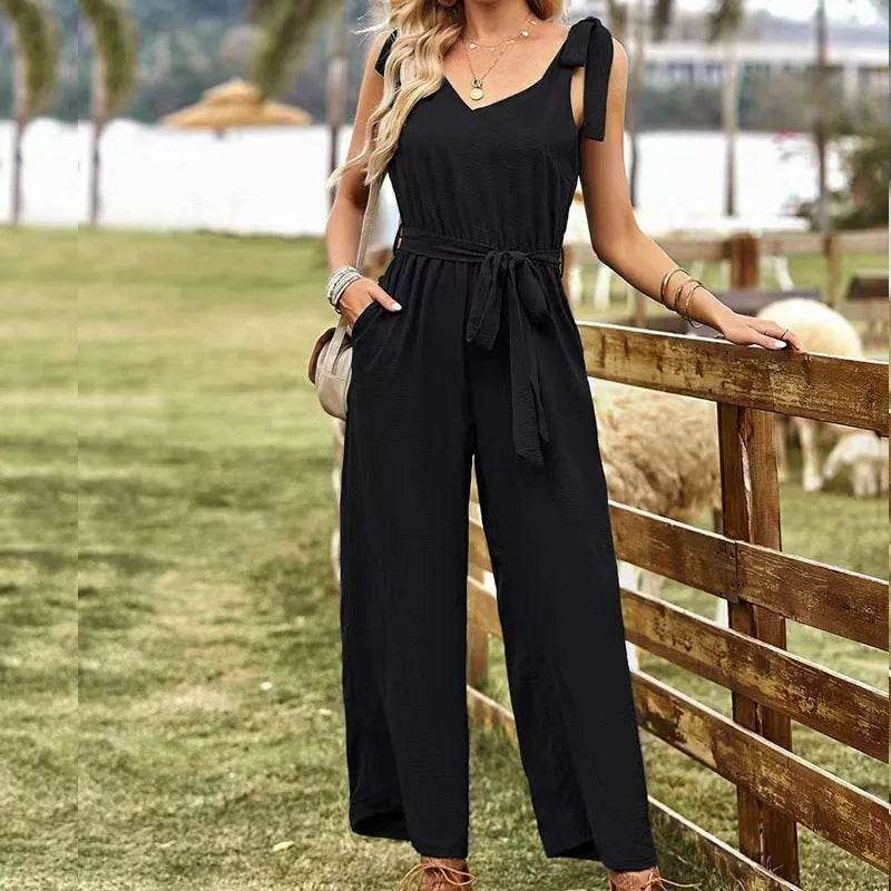 2024 Summer Women's New Commuter Style Solid Color Sexy Back V-neck Bareback Sleeveless Strap Waist Nine Part Pants Jumpsuit - AIAZ