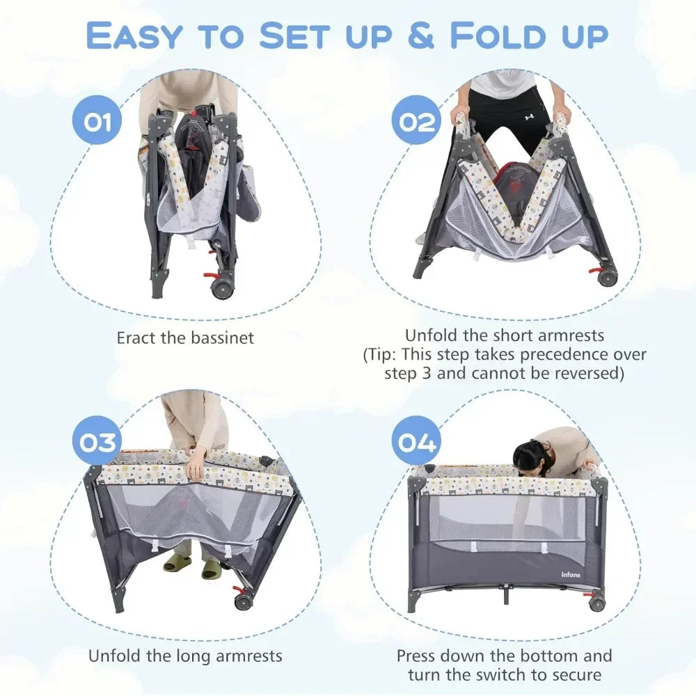 Multifunctional Baby Crib - Convertible Foldable Bed with Detachable Changing Table, Portable Co-Sleeper for Infants