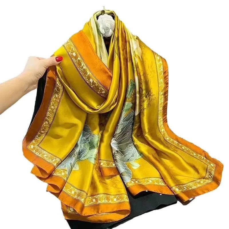 New Summer Women's Silk Scarf Sun Protection Satin Print Extra Long Beach Cover Up Decorative Mom's Shawl Fashionable Accessory - AIAZ