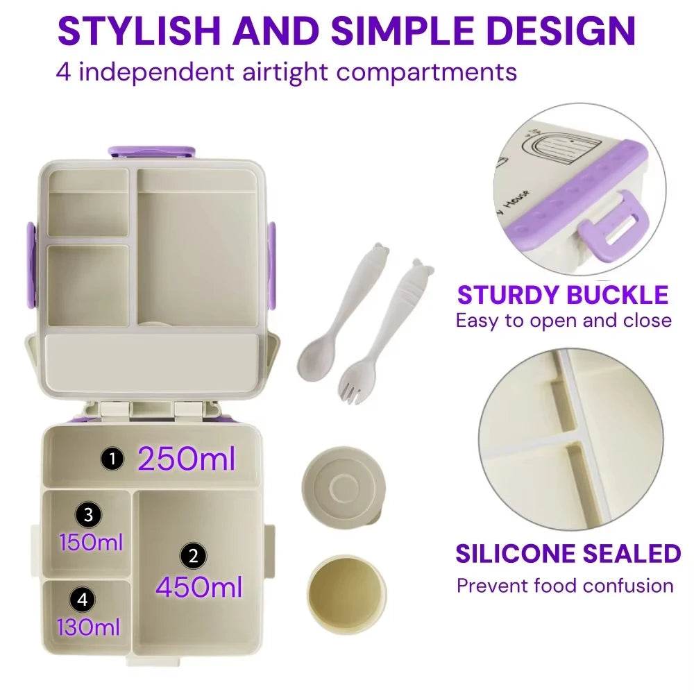 Kids Bento Lunch Box Cute 4 Compartments Food Storage Containers Box Suitable For Microwave Fridge Portable Kids School - AIAZ