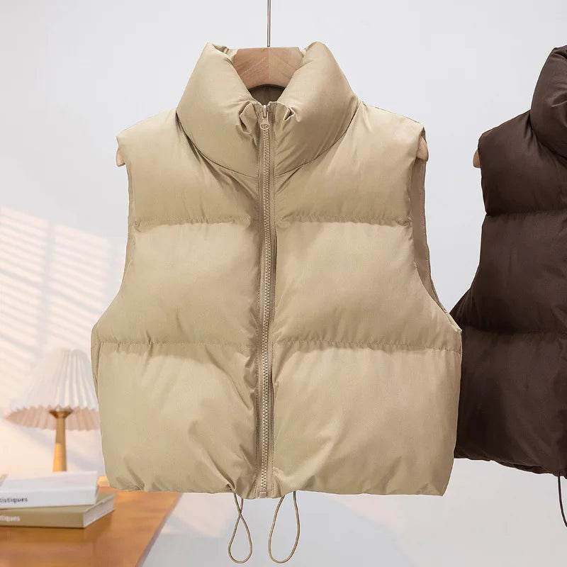 Elegant Chic Vests Fashionable Sleeveless Stand Collar Zipper Basic Autumn Winter Jacket Thick Warm Casual Women Vest Jacket - AIAZ