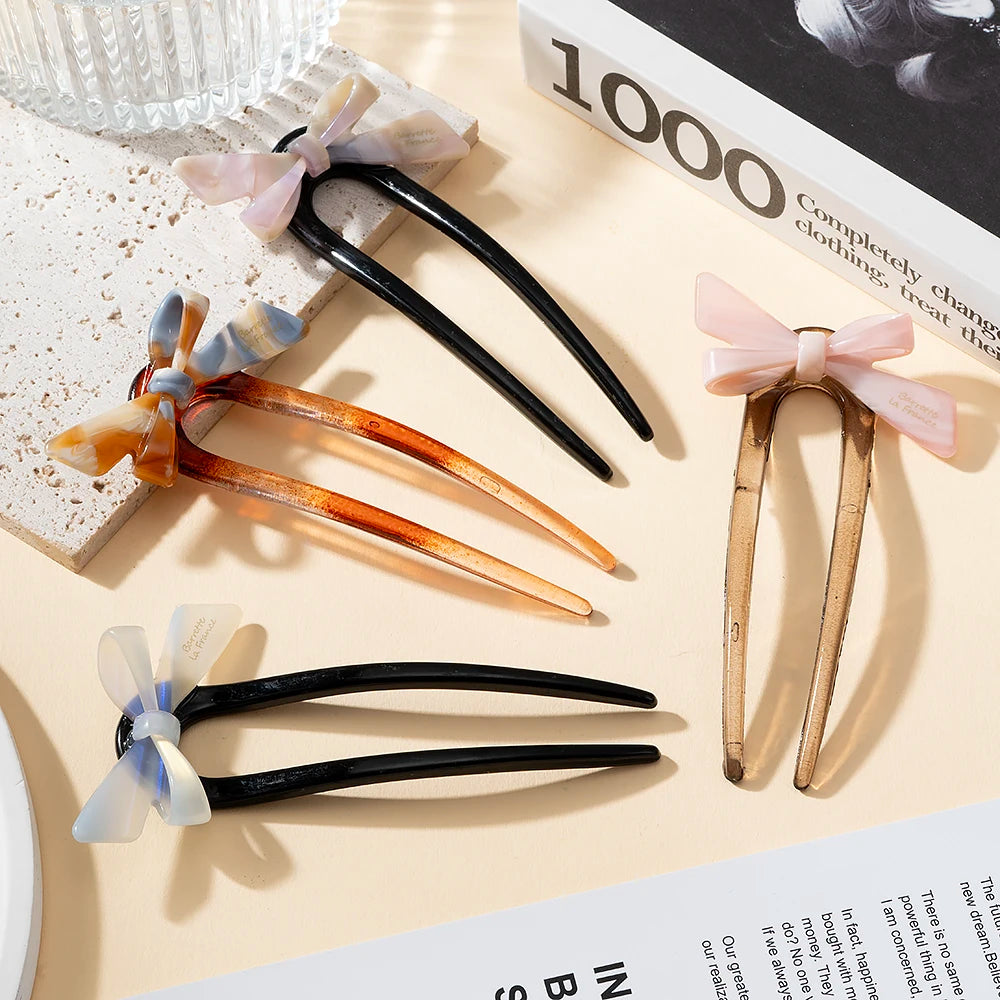 New Acetate Bow U-Shaped Hair Sticks for Women Girls Acrylic Hair Fork Bun Sweet Trendy Hairpin HairStyling Hair Accessories