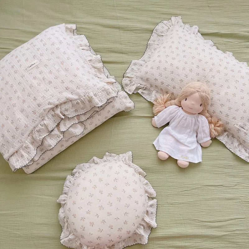 Korean Vintage Floral Printed Ruffled Cotton Baby Duvet Cover Kids Children Infant Cot Crib Duvet Covers Quilt Cover Bedding