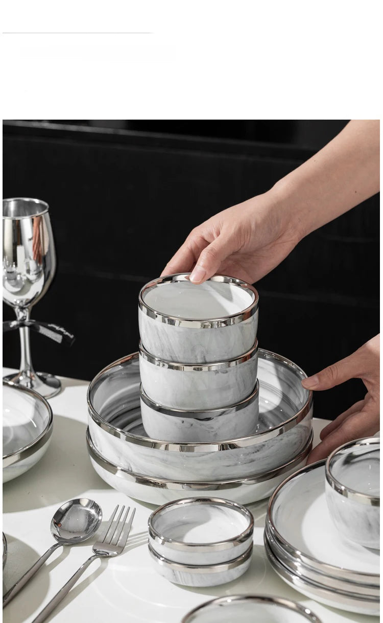 Light Luxury Ceramic Tableware Set Marble Fish Plates With Silver Rim Household Hotel LArge Capacity Soup Bowl Deep Plates