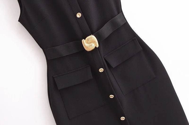MUJER 2025 Womens Dresses Black Office Long Dresses for Women Spring Sleeveless Midi Dress Woman Belt Button Women's Dress Vest - AIAZ