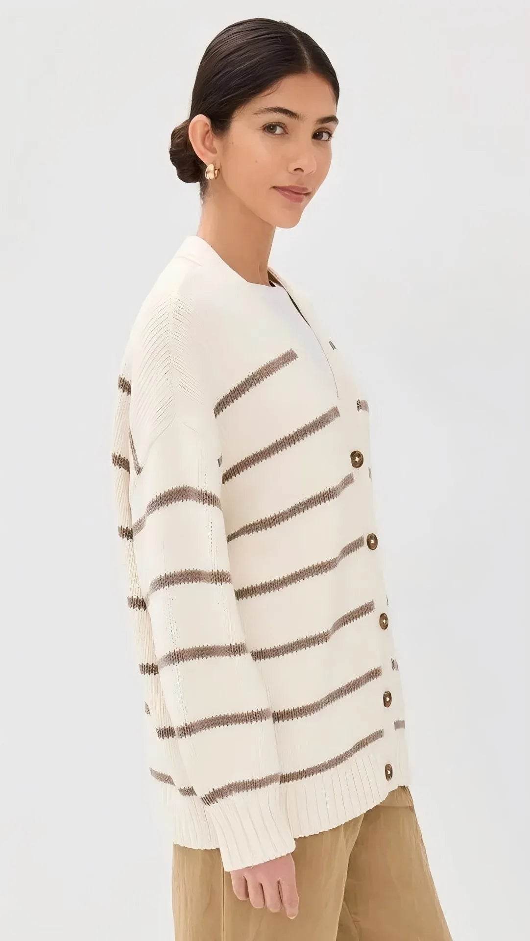 Casual Stripe Knitted Cardigan For Women 2025 Autumn Winter Single Breasted V-Neck Sweater Female Loose Coat - AIAZ