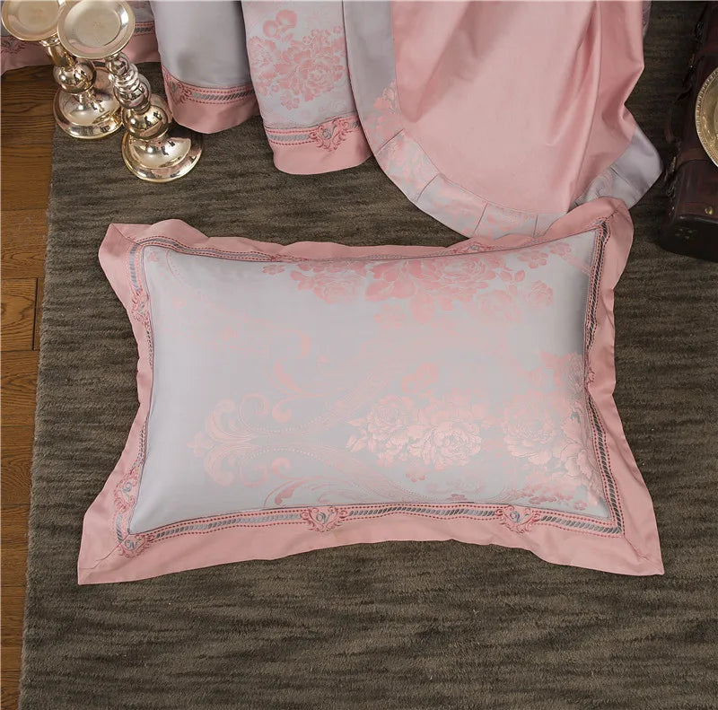 Sliver Gold Luxury Silk Satin Jacquard duvet cover bedding set queen king size Embroidery bed set bed sheet/Fitted sheet set