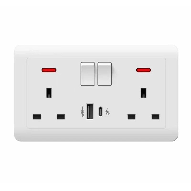 146 Type 2 Gang Multi-Ten-Hole Socket With 2Port USB Type-c 10w Fast Charging Panel British standard double five-hole socket