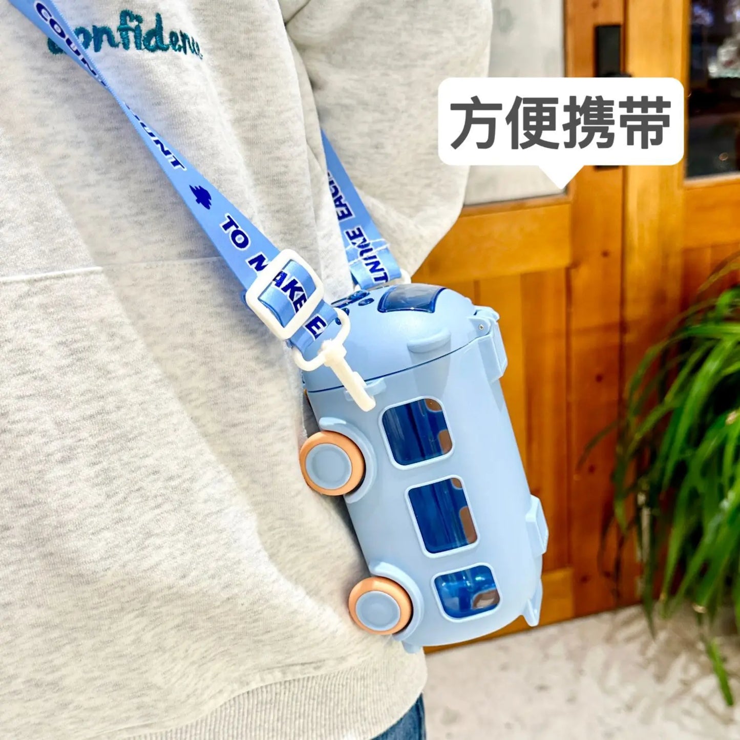 Baby Cute Panda Bus Portable Water Bottle with Shoulder Strap Kid Car Straw Water Cup Children's Water Bottle Drinking Cup