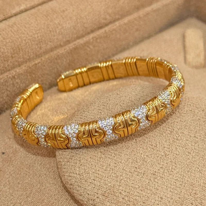 BELLUX Vintage Luxury Bracelet 925 Silver Gold Plated Full Diamond Distinctive Snake Open Bangle Unisex Jewelry