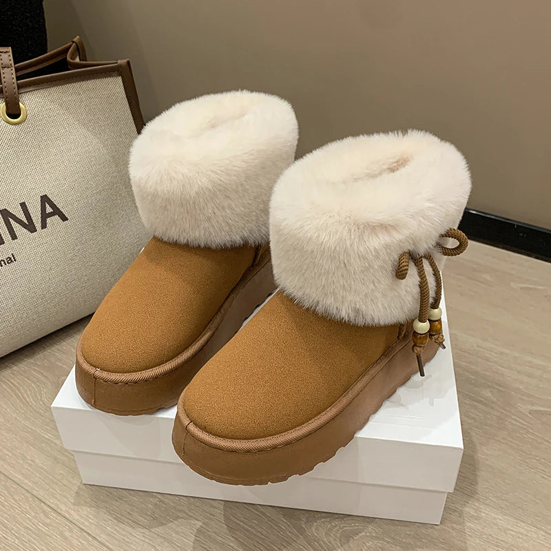 Large size women's shoes Icelandic snow boots women's winter plush cute cream short tube warm fluffy boots cotton shoes