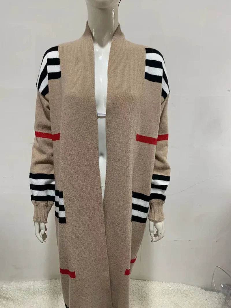 Women Sweater Spring Autumn Cardigan Coats Casual Stripes Knitted Cardigan Clothes Women Oversized Cardigan Long Sweater Coat - AIAZ
