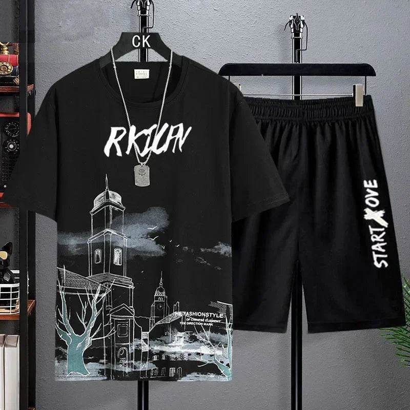 Suits for men 2025 Summer Fashion Polyester Thin Casual Breathable Short Sleeve Printed Sports T-shirt + Shorts Basketball Set - AIAZ