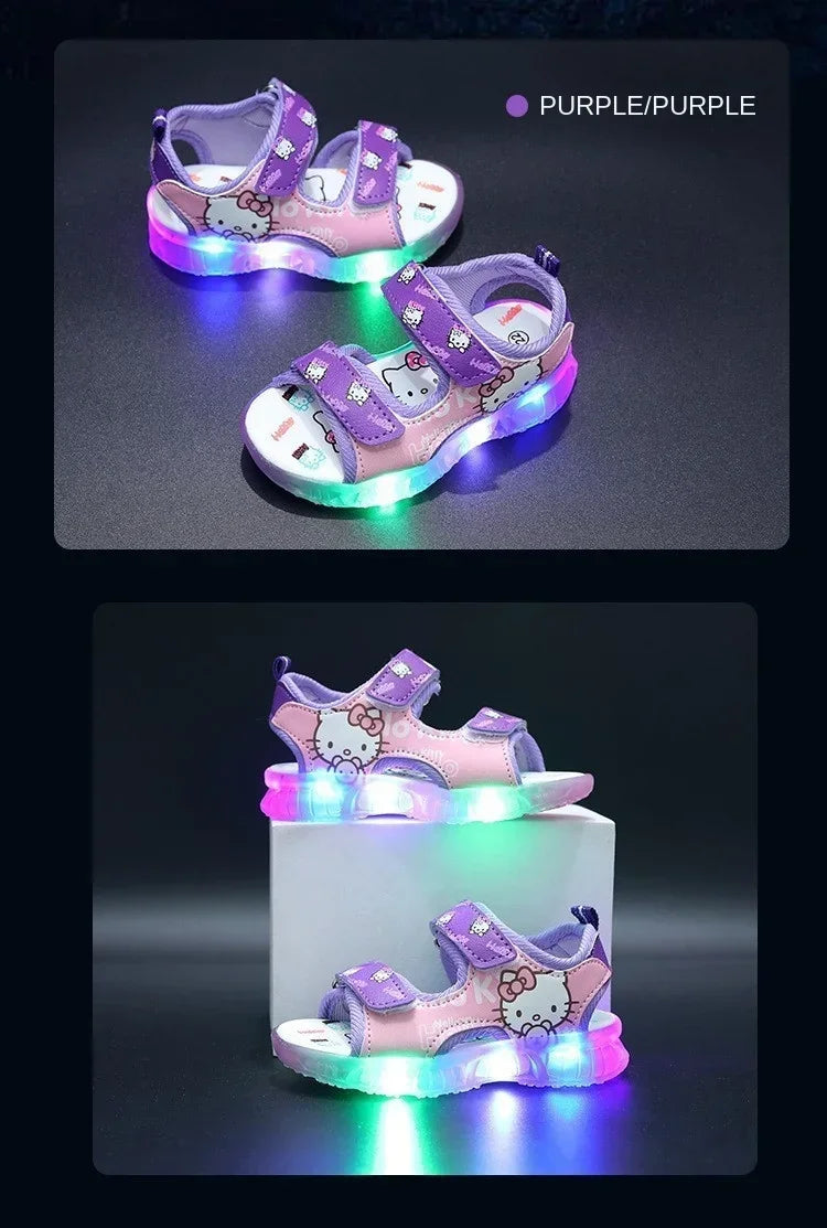 2024 Summer Baby LED Light Sandals For Girls Cute Hello Kitty Children's Casual Shoes Anti-slip Kids Beach Shoes Outdoor Shoes