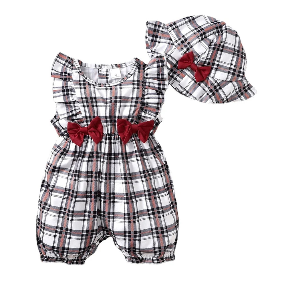 0-18 Months Newborn Baby Girl Clothes Cute Plaid Design Summer Romper+Hat 2Pcs Suit Fashion Holiday Clothing For Toddler Girl