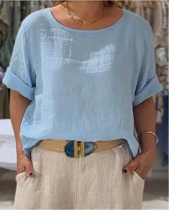 Women's Shirt Summer Fall New Solid Top Fashion Mid-sleeve O-neck Cotton Linen Button-up Casual Loose Shirts For Women Clothing - AIAZ