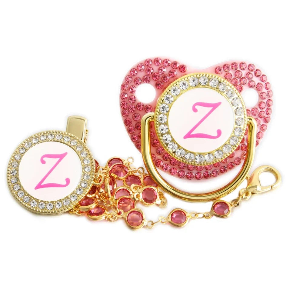 26 Initial Letters Pink Baby Pacifier With Diamond Chain Clip