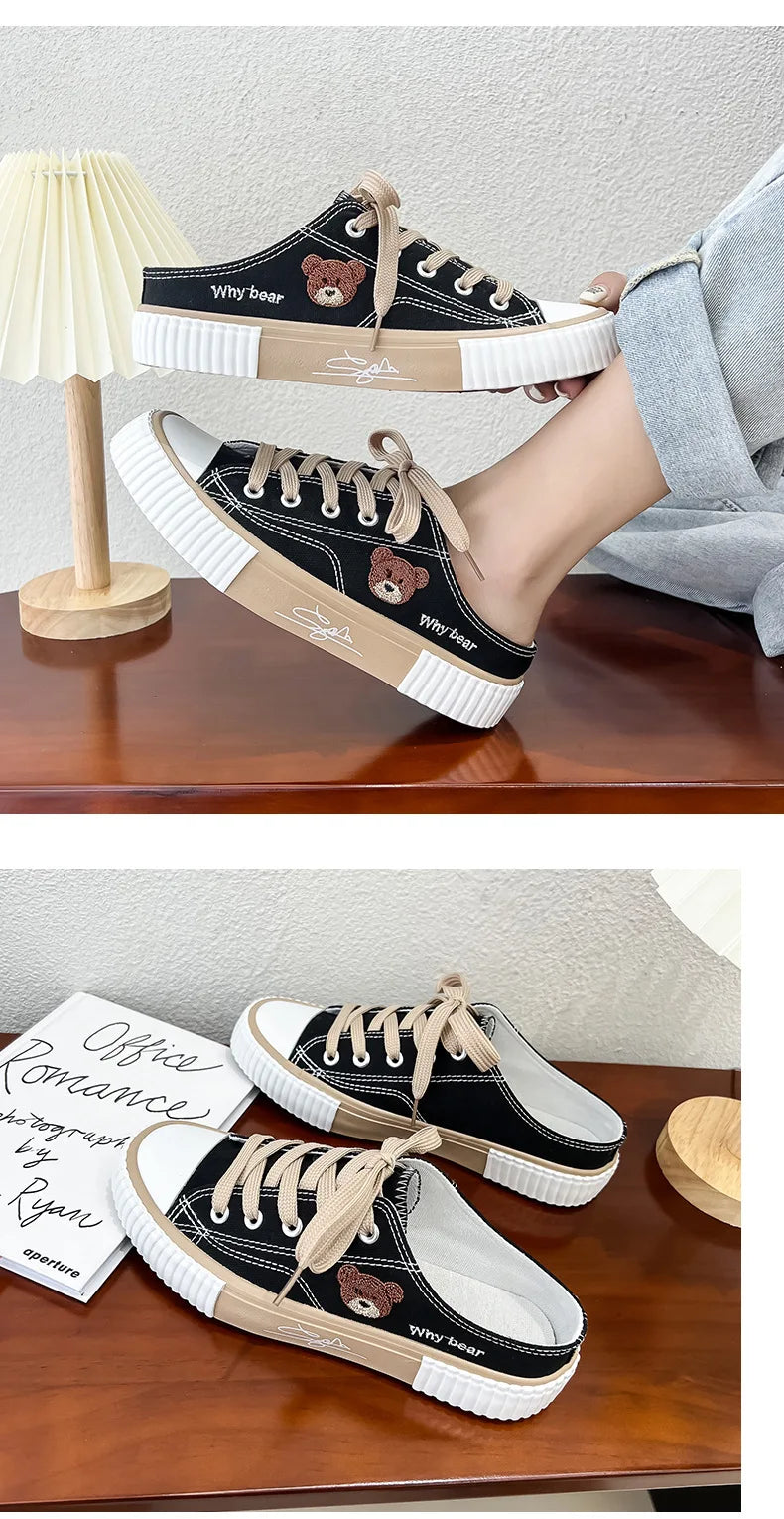 Women Cute Bear Canvas Shoes New Flat Casual All-match Half Slippers Korean Version Trend Lace Up Ladies Vulcanized Shoes 2024
