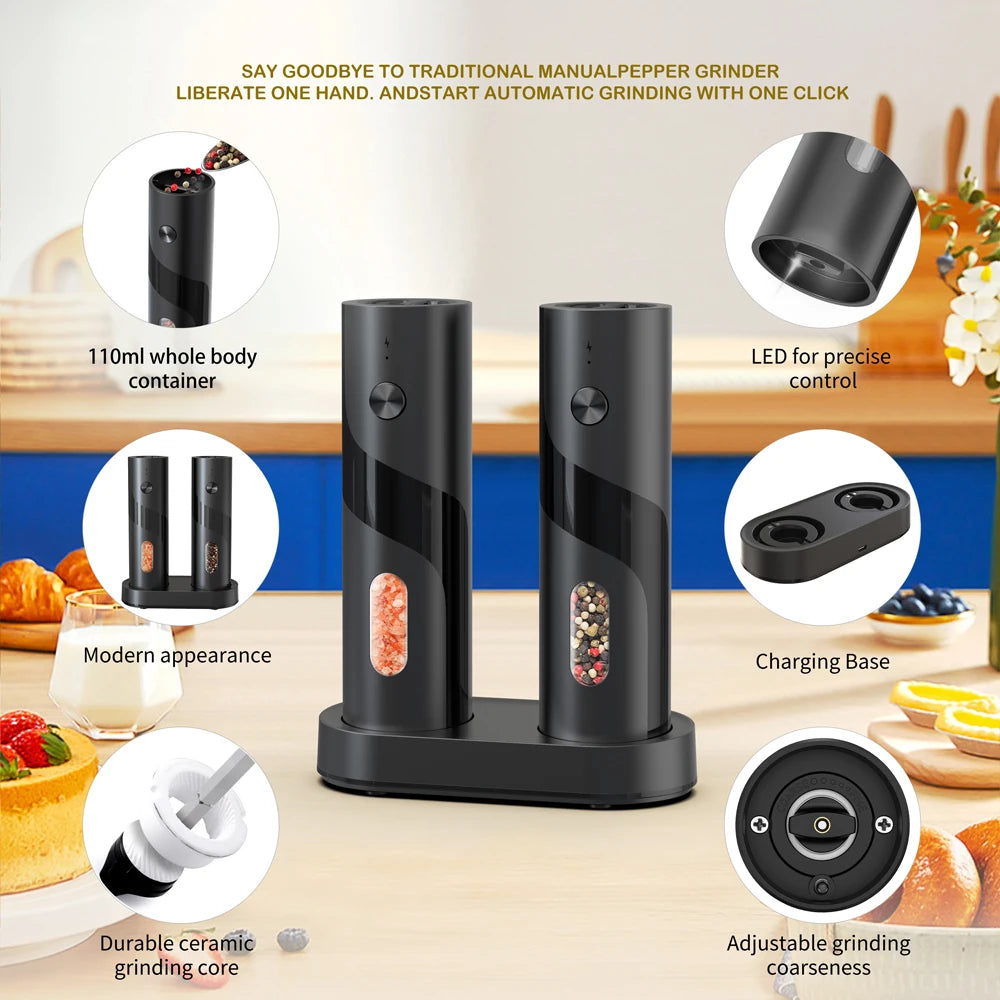 110ml Rechargeable Electric Salt and Pepper Grinder Shakers USB Automatic Djustable Coarseness Spice Mills for Kitchen Gadgets