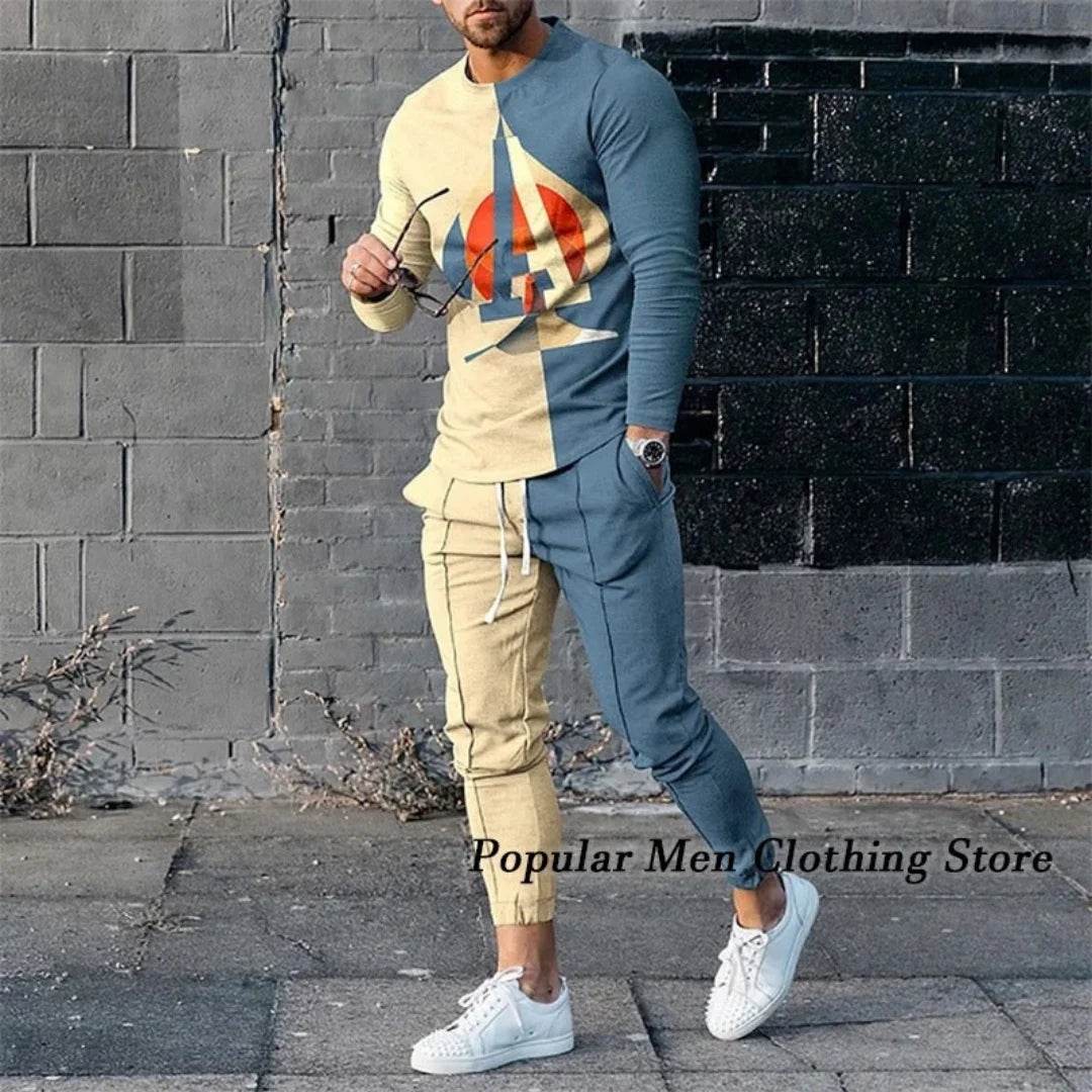 Men Clothes Set Fashion Long Sleeved T Shirt+Trousers Casual Tracksuit 2 Piece Suit Spring Male Sportswear Streetwear Oversized - AIAZ