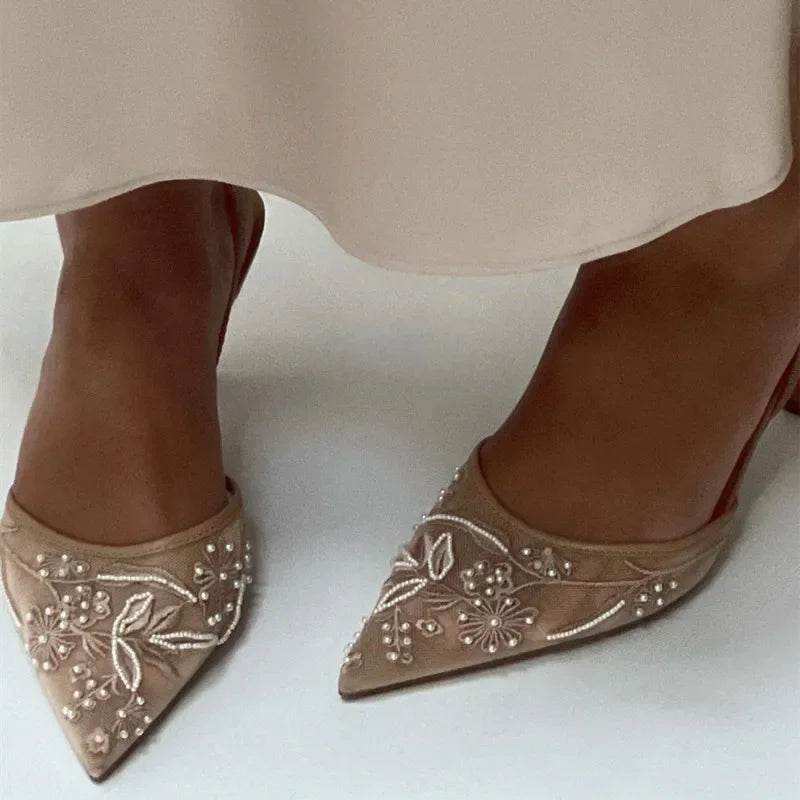 Mesh Embroidery Heeled Sandals Women Sexy Pointed Toe String Bead Slingback High Heels Summer Elegant Party Dress Designer Shoes - AIAZ