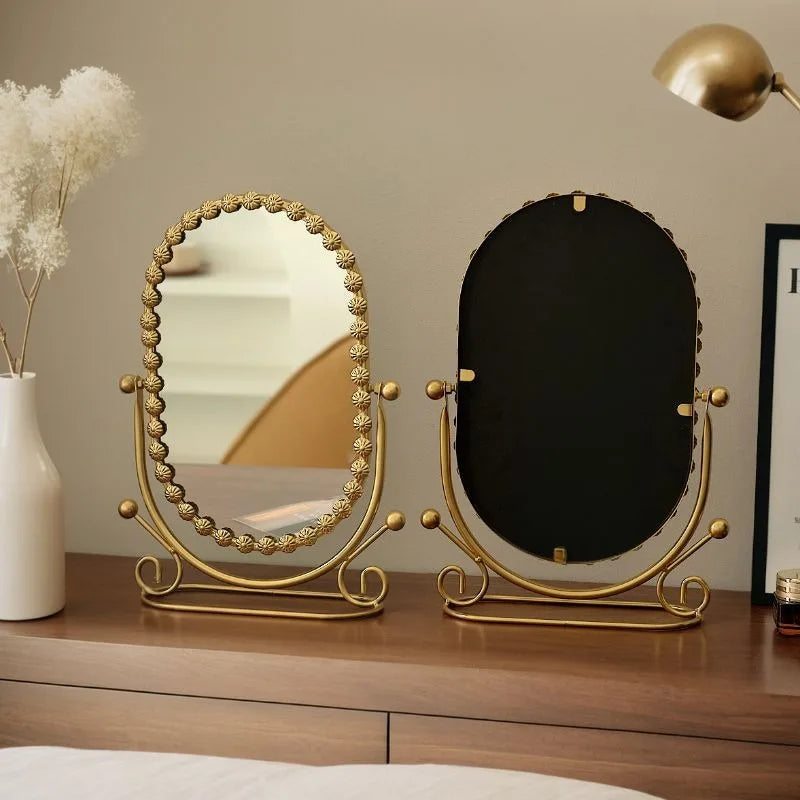 Light Luxury Wrought Iron Vertical Mirror Rotatable Retro Makeup Mirror Bedroom Vanity Mirror Desktop Ornament Photo Props