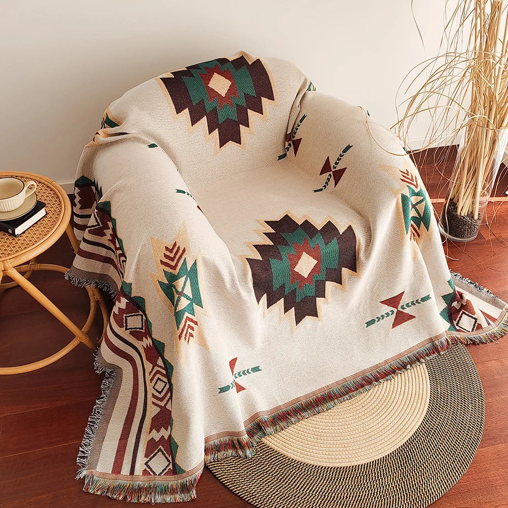 Aztec Blanket, Oversized Boho Throw Blanket with Fringe, Southwestern Geometric Tapestry Vintage Woven Throw Blankets, Double-Si