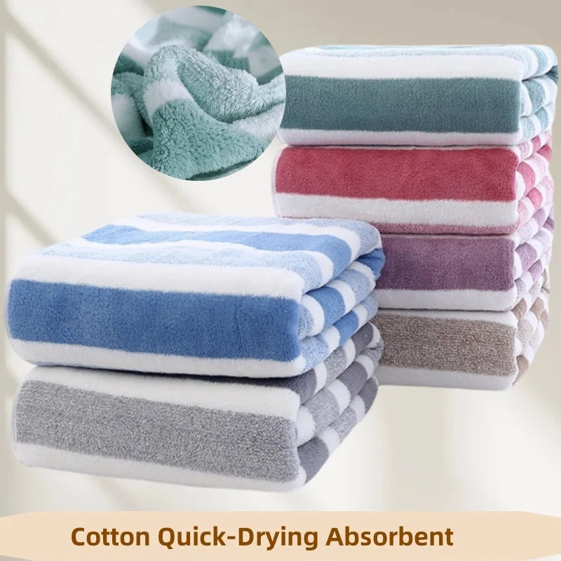 2PCS Thickened Absorbent Bath Towel Striped Pattern Towel Set Soft Face Towel for Home Bathroom Spa Quick Drying Microfiber