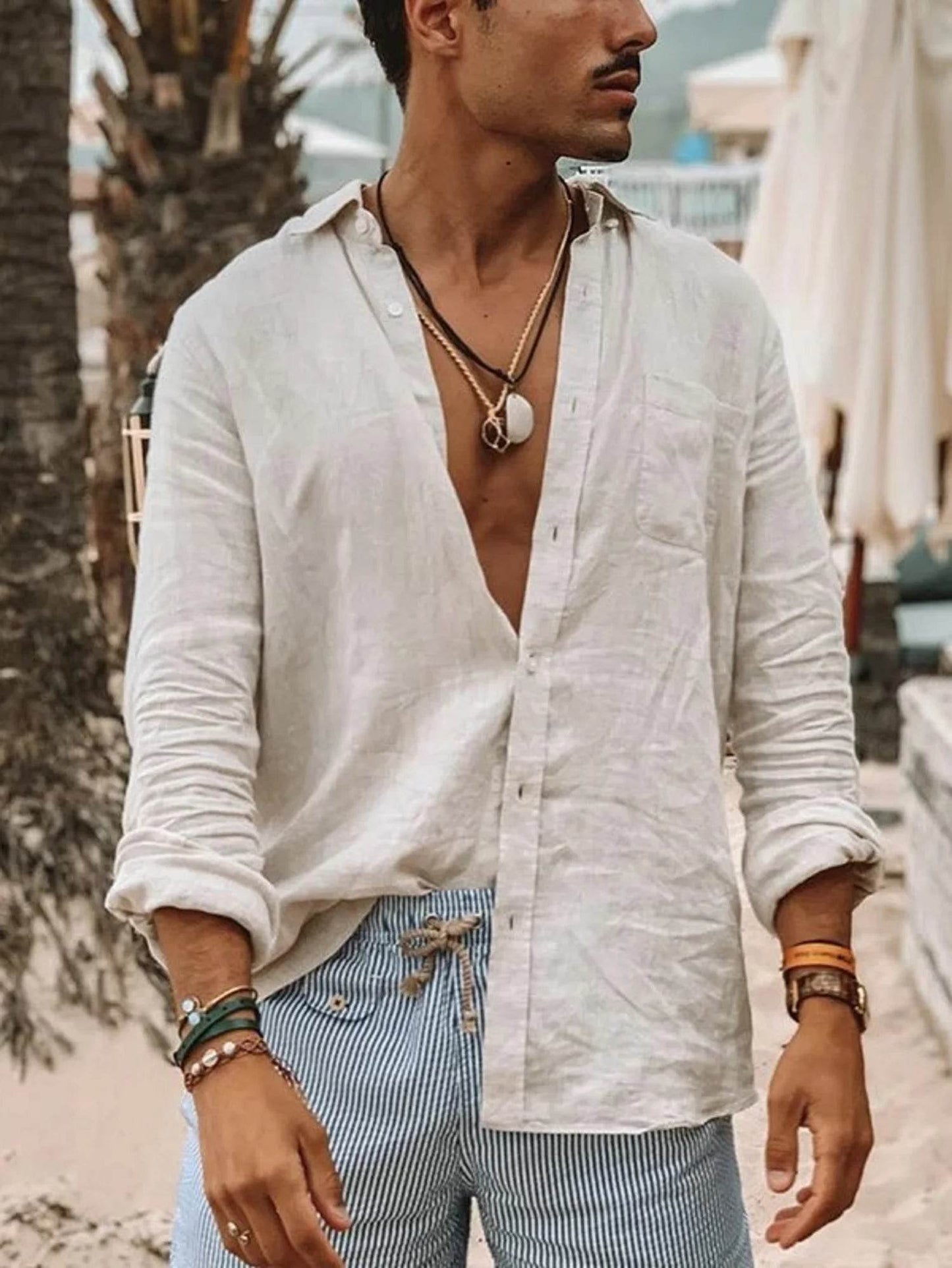 Men's casual fashion solid color thin long-sleeved shirt, lapel cardigan, suitable for outdoor activities - AIAZ